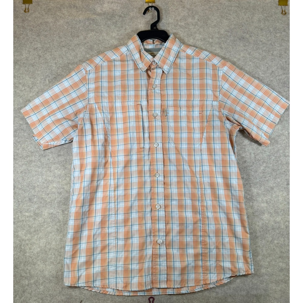 Bob Timberlake Mens Short Sleeve Plaid Fishing Shirt Orange Blue Ventilated L